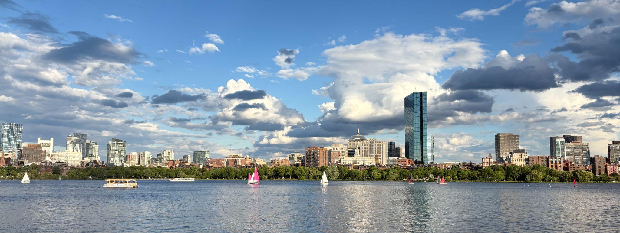 The Charles River coastline from the MIT sailing docks.